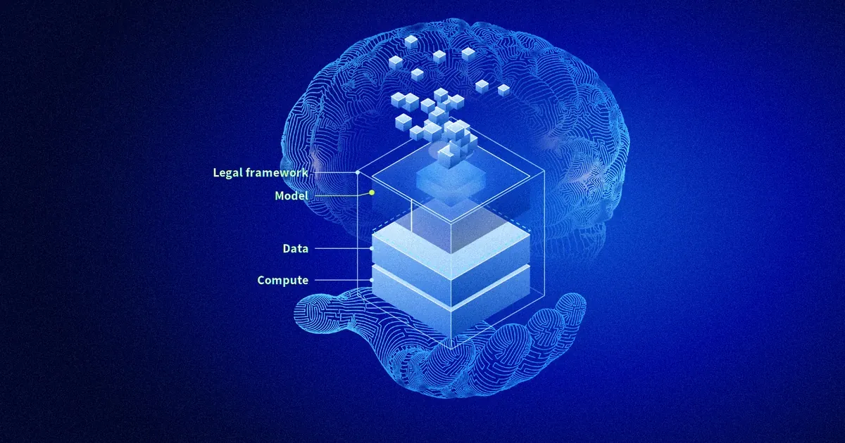 The four building blocks of sovereign AI: compute, data, model and legal framework, shown as stacked layers