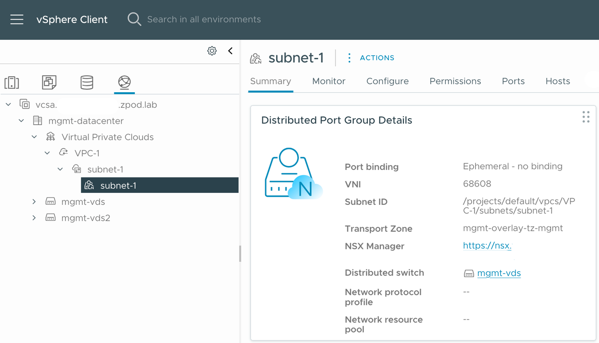 Capture d’écran du vSphere Client affichant les détails d’un subnet au sein d’un VPC