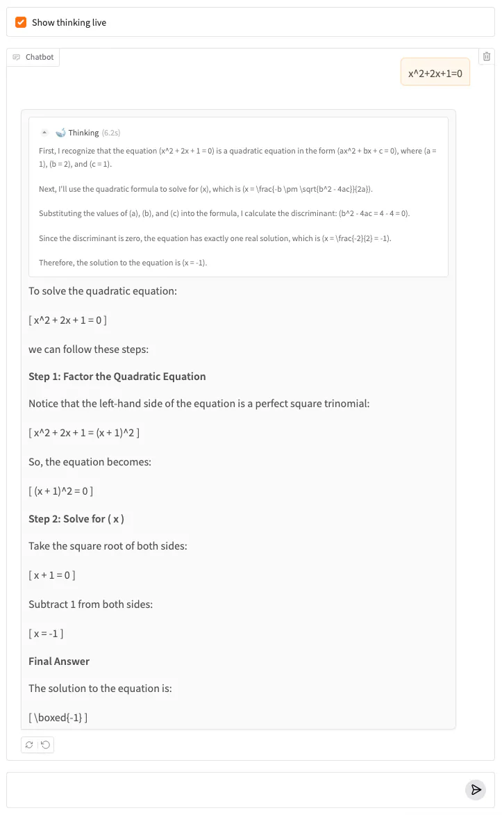 A screenshot of a chatbot application developed with DeepSeek-R1 and Gradio in Python.