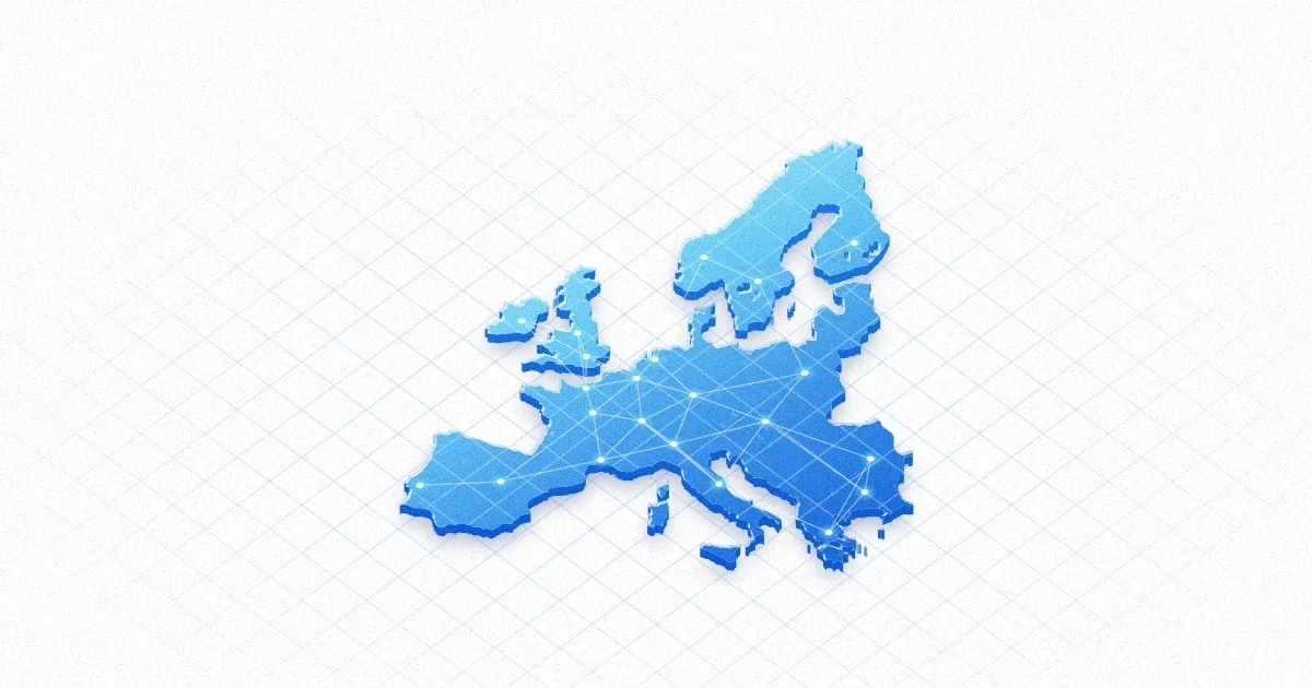 Carte de l'Europe en relief bleu, reliée par un réseau de points et de lignes lumineuses, symbole d'une infrastructure IA à l'échelle européenne