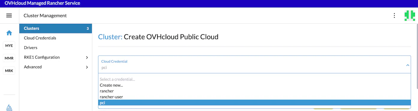 OVHcloud Managed Rancher Service Create Kubernetes PCI