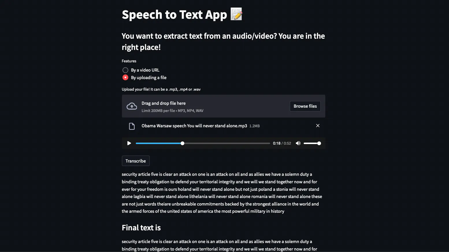 speech to text streamlit application without css