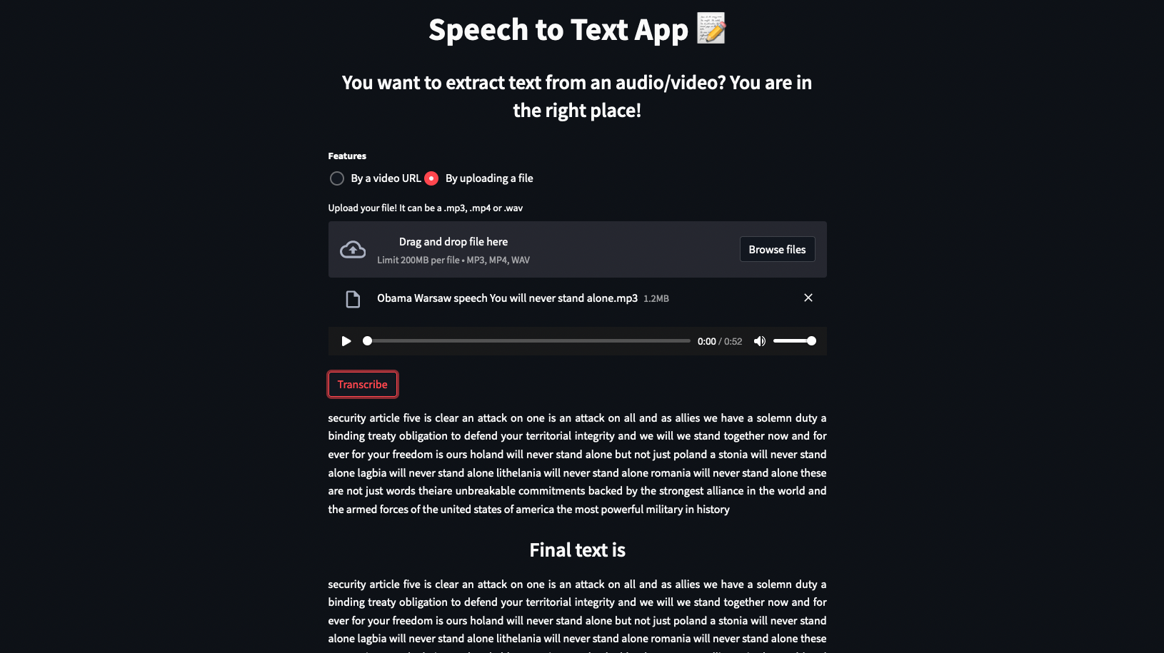 speech to text streamlit application with css