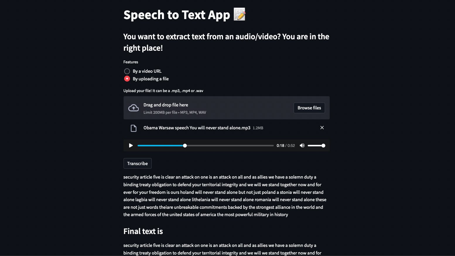 speech to text streamlit application without css