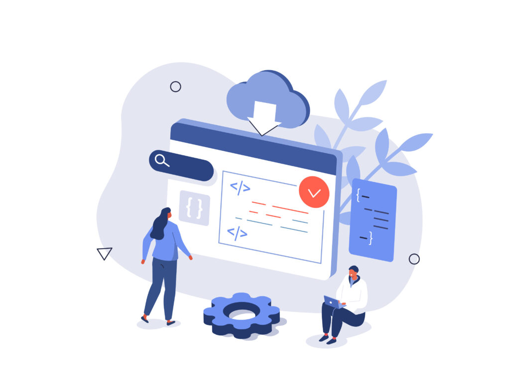 People characters developing software and sending data to cloud storage. Developers team programming and writing program code. Development process concept. Flat isometric vector illustration isolated.