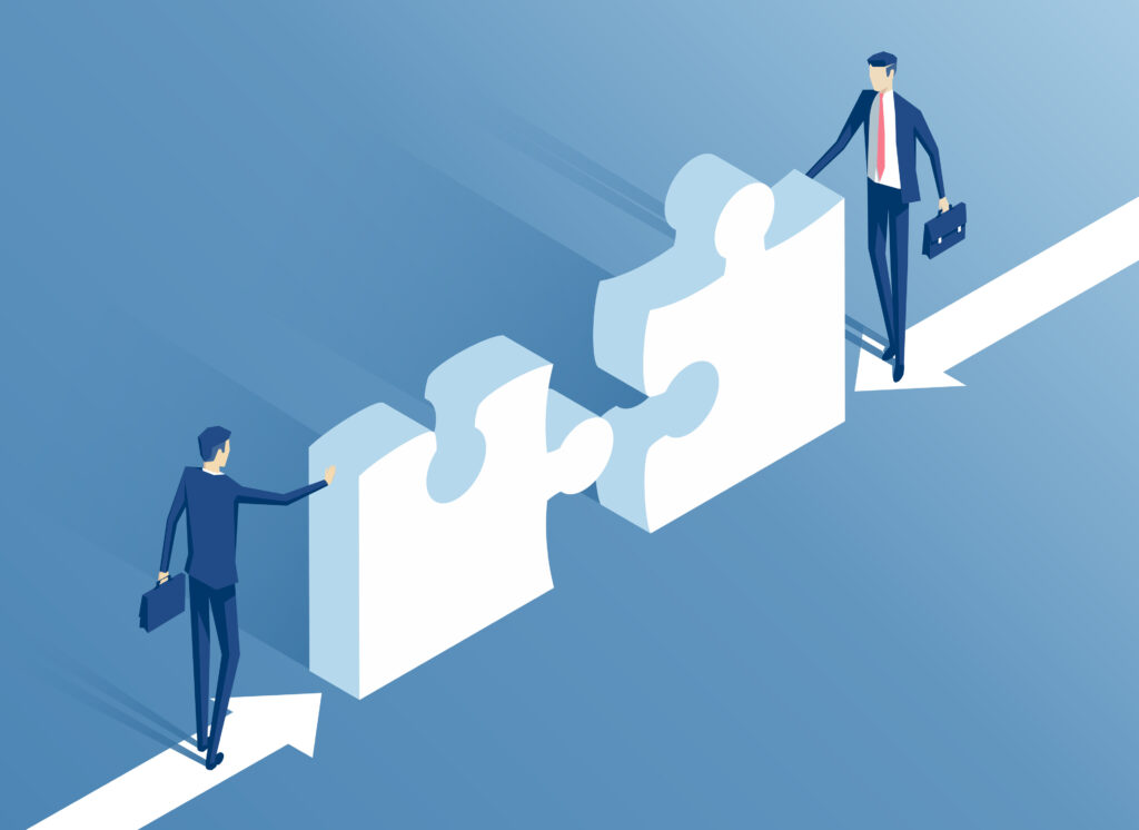 Two businessmen are trying to connect two elements of the puzzle isometric vector illustration. Isometric business people collect puzzle. Business concept teamwork and cooperation - illustration