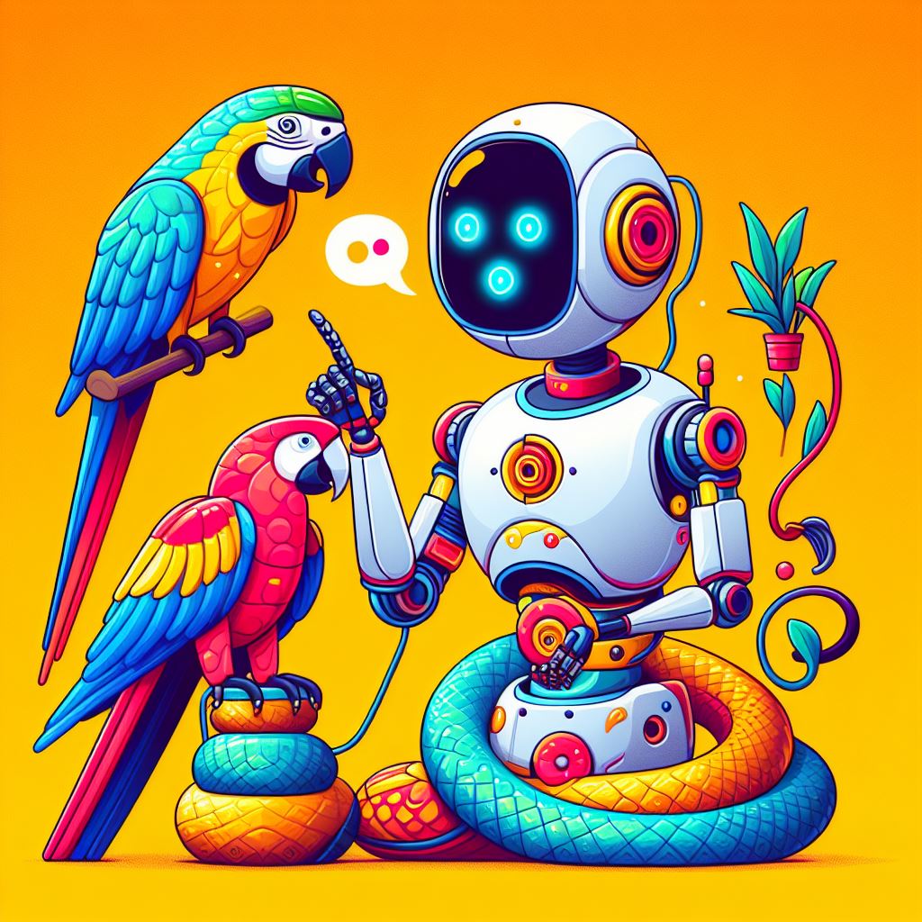 Image representing a robot with a parrot and a snake