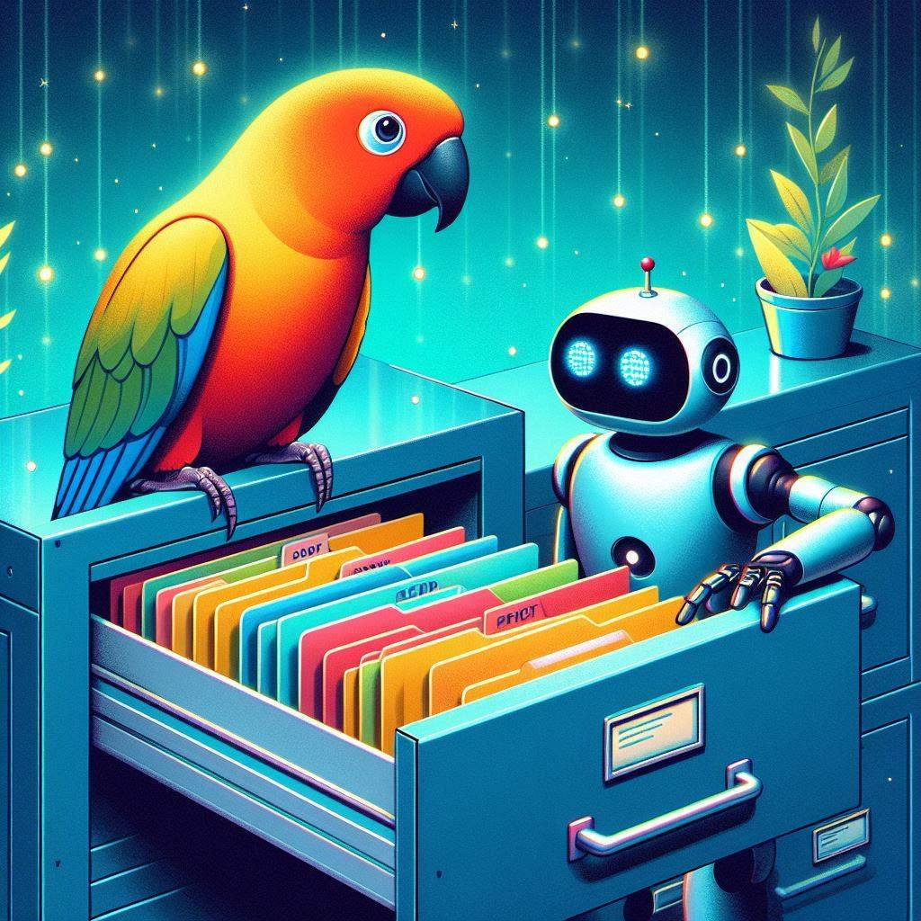 A parrot and a robot looking in documents