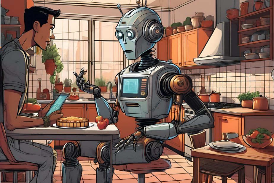 a bot discussing with a human in a kitchen