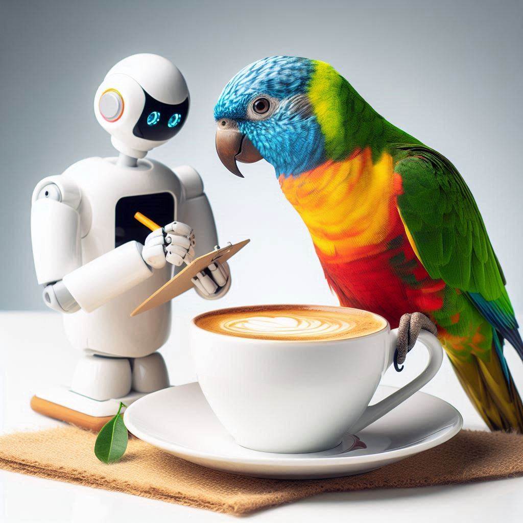 A parrot on a coffee cup with a robot