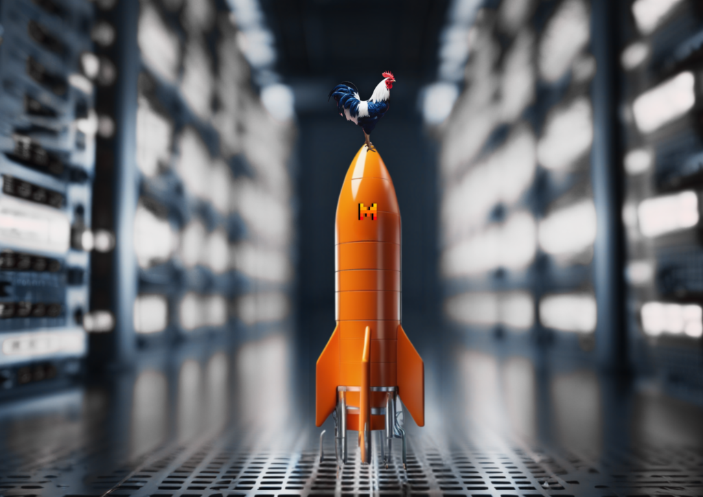 Rocket in MistralAI colors in a data center with a French rooster showing rapid LLM deployment