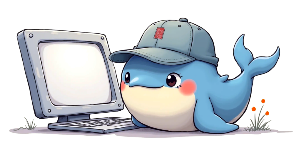 A cute whale with a baseball cap, using a computer, representing DeepSeek.